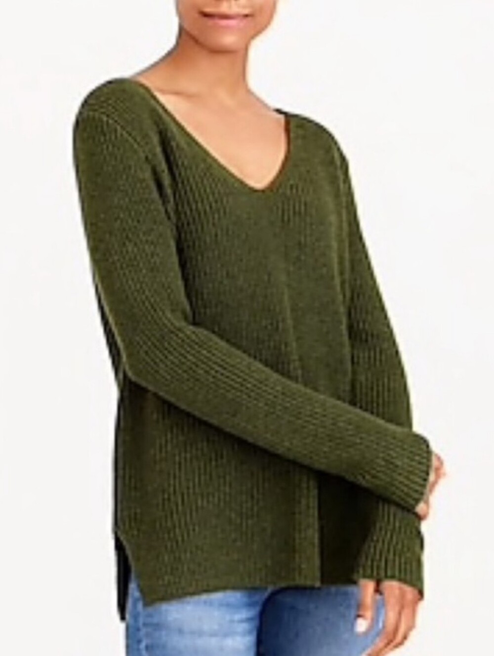 J.Crew Factory Olive 100% Cotton V-Neck Ribbed Sweater Sz S